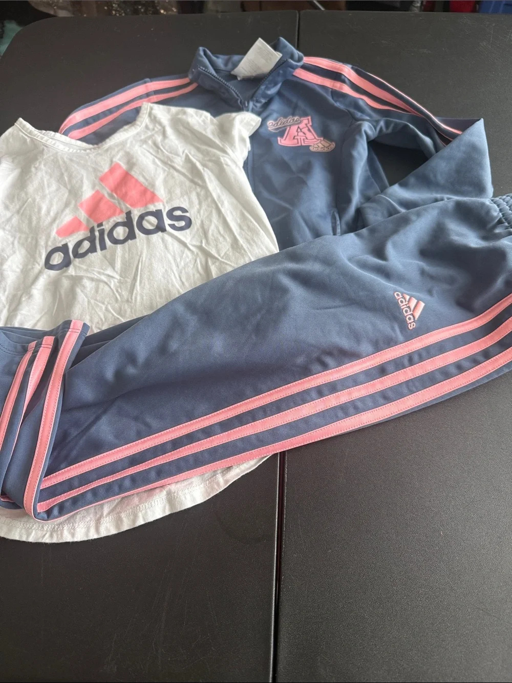adidas Navy and Pink Three-Piece Athletic Set with White Logo Tee